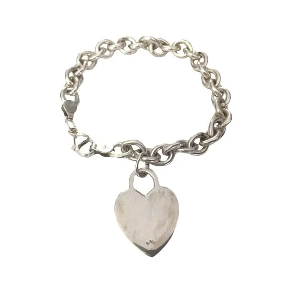 Designer 925 sterling silver cable chain bracelet large Heart charm 7''L signed - Picture 10 of 13